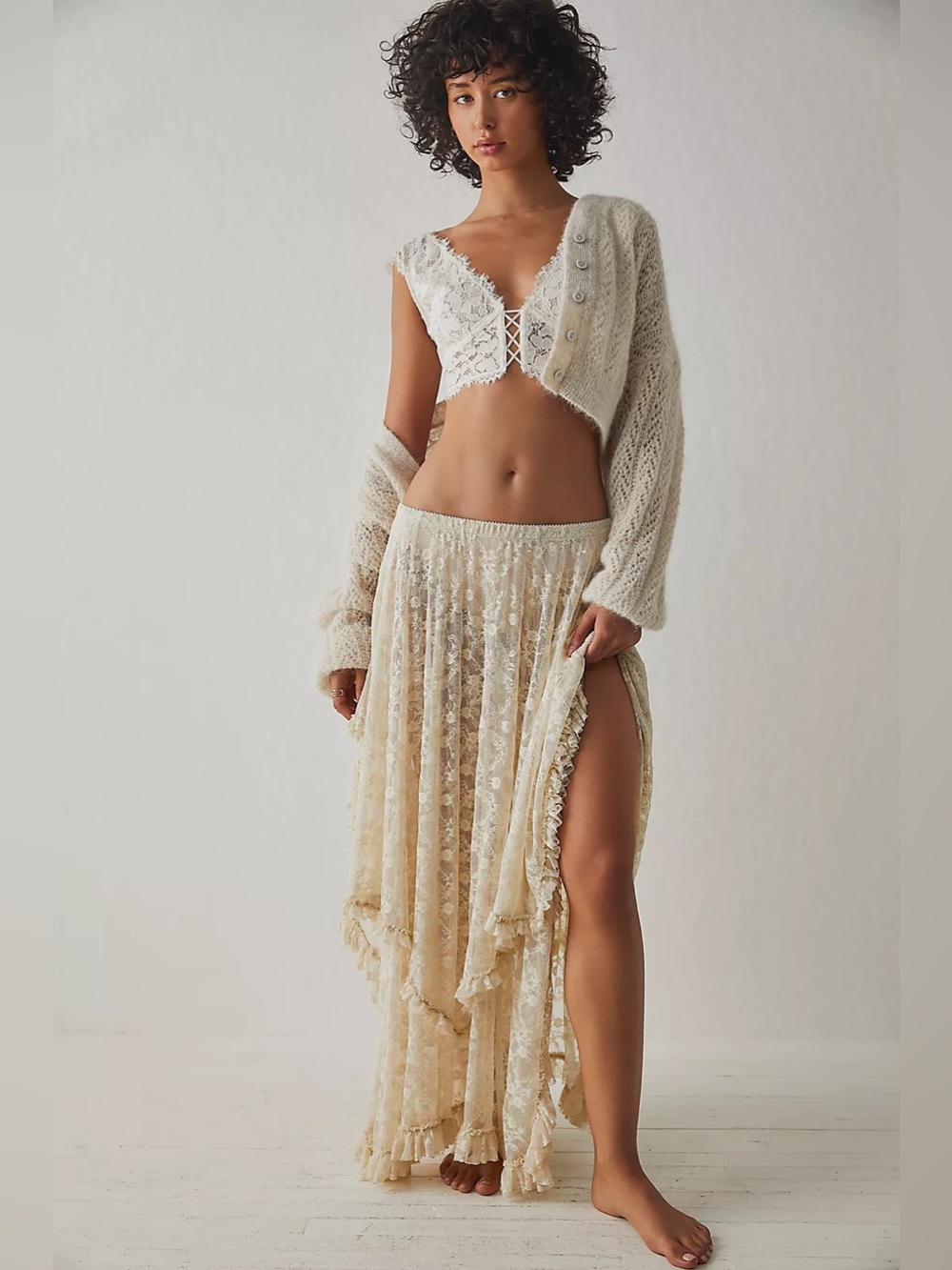 Free People French Courtship Maxi Slip Skirt Tea Cream Lace Maxi Skirt